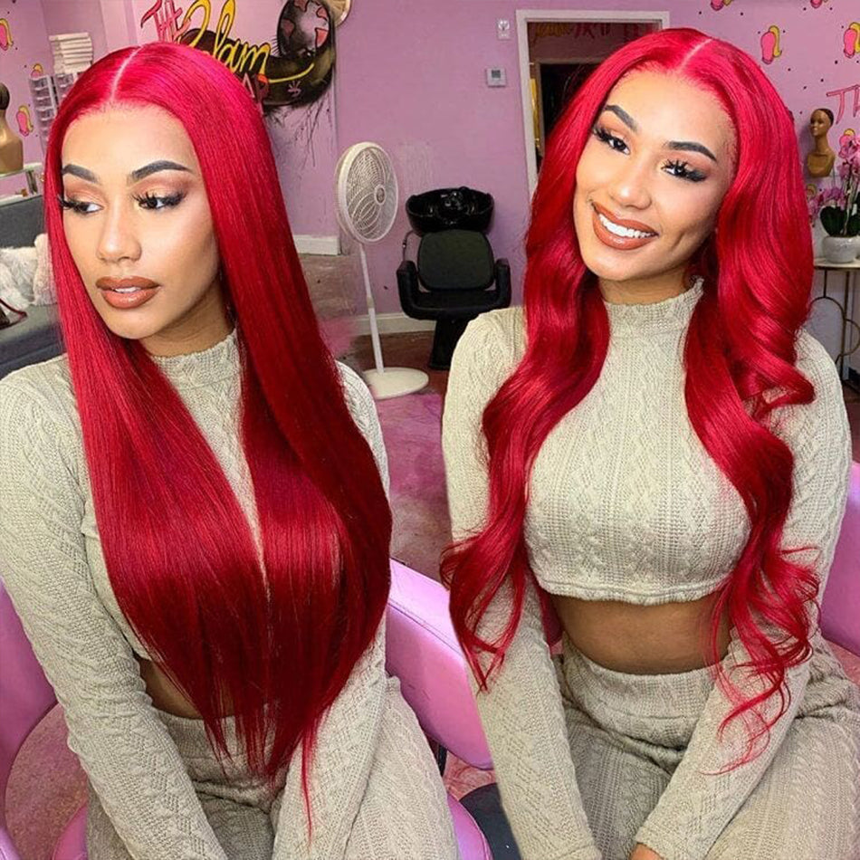 SUPER DEAL ! Hot Red Colored 13x6 Transparent HD Lace Front Human Hair Wigs
