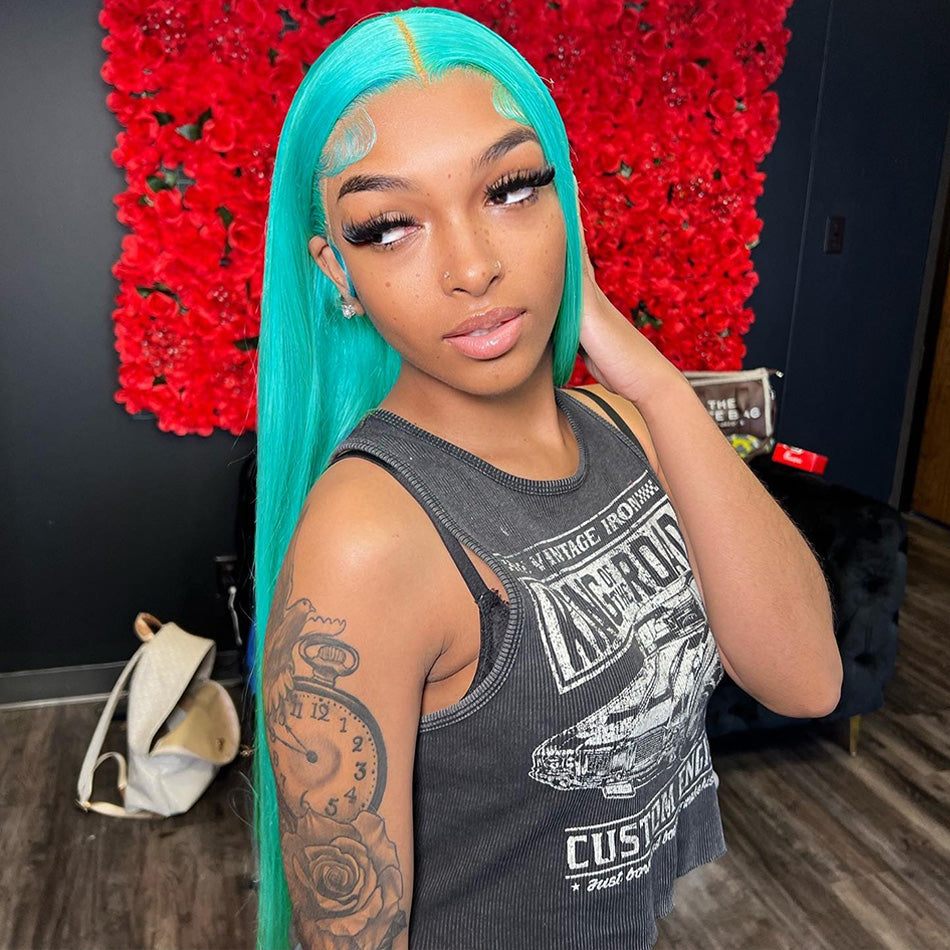 210% Density Customized Mint Blue Colored HD Transparent 13x6 Lace Front Human Hair Wig Brazilian Straight Hair
