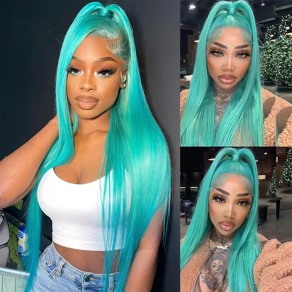 210% Density Customized Mint Blue Colored HD Transparent 13x6 Lace Front Human Hair Wig Brazilian Straight Hair