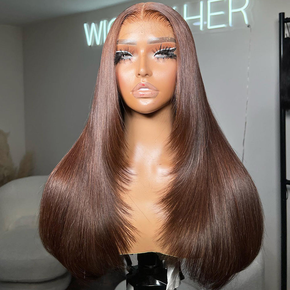 Hairstyle Works Layer Cut Chocolate Brown Colored 13x6 Lace Front Wig 6x5 Ready To Go Human Hair Wigs