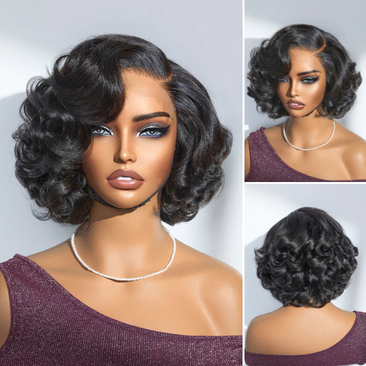 Side Part Roman Curls Bob Wigs Human Hair Glueless Lace Wig Lady Wig