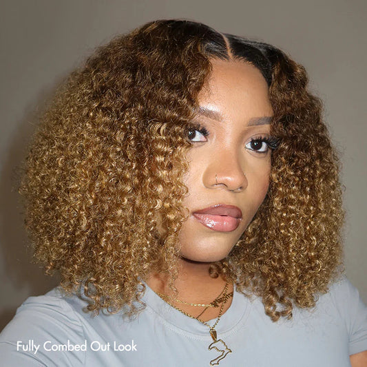 Ombre Brown/Blonde Colored Short Kinky Curly BOB Wigs-016