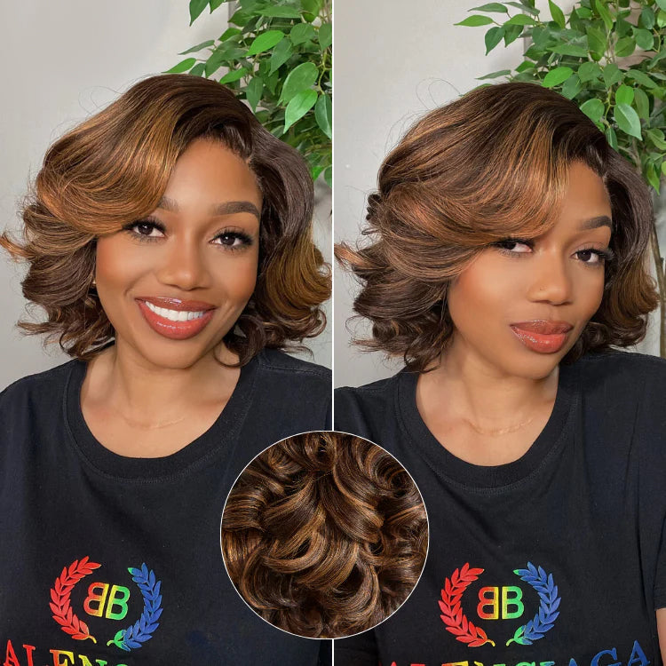 Side Part Roman Curls Bob Wigs Human Hair Glueless Lace Wig Lady Wig