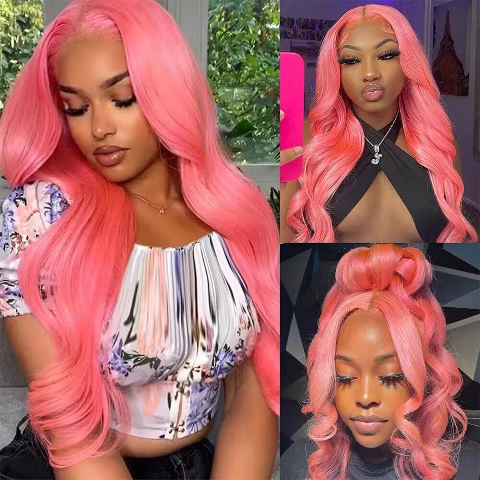 210% Density Customized Colored Pink Wigs Human Hair HD Transparent 13x6 Lace Front Wigs Brazilian Body Wave