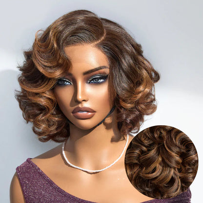 Side Part Roman Curls Bob Wigs Human Hair Glueless Lace Wig Lady Wig