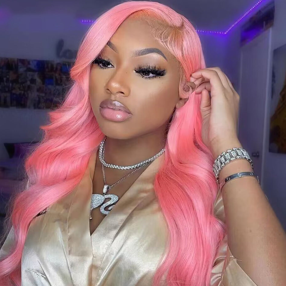 210% Density Customized Colored Pink Wigs Human Hair HD Transparent 13x6 Lace Front Wigs Brazilian Body Wave