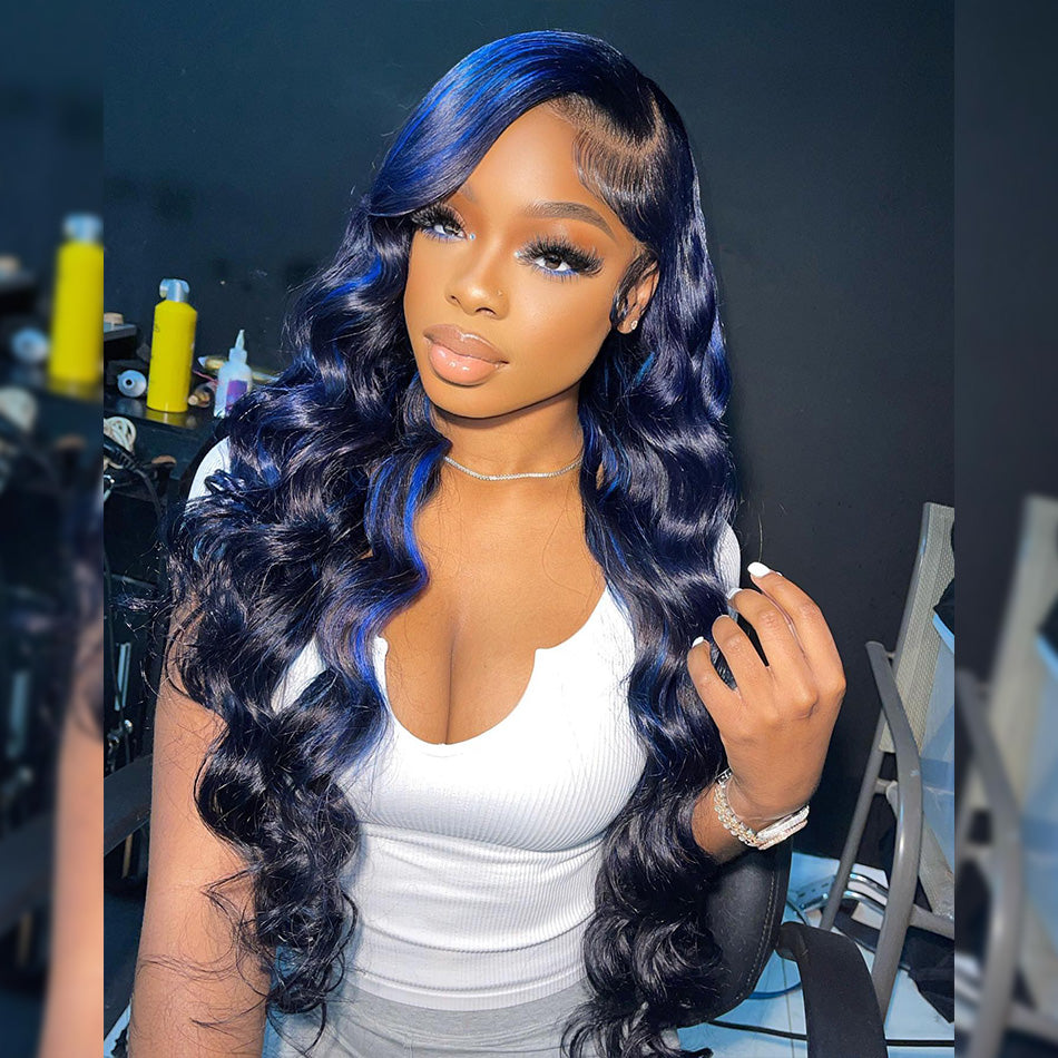 Hightlight Black With Blue 5x5 Glueless Lace Closure Ready To Go Wig  13x6 Lace Front Human Hair Wig