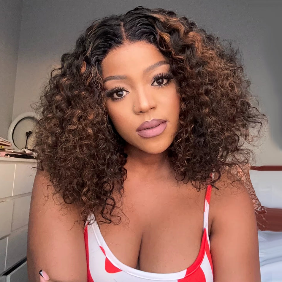 Highlight Brown Jerry Curly Colored Glueless Lace Wigs Human Hair Ready To Wear