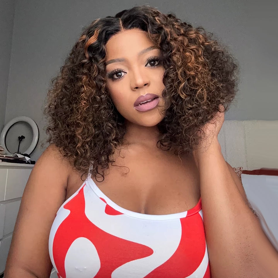 Highlight Brown Jerry Curly Colored Glueless Lace Wigs Human Hair Ready To Wear