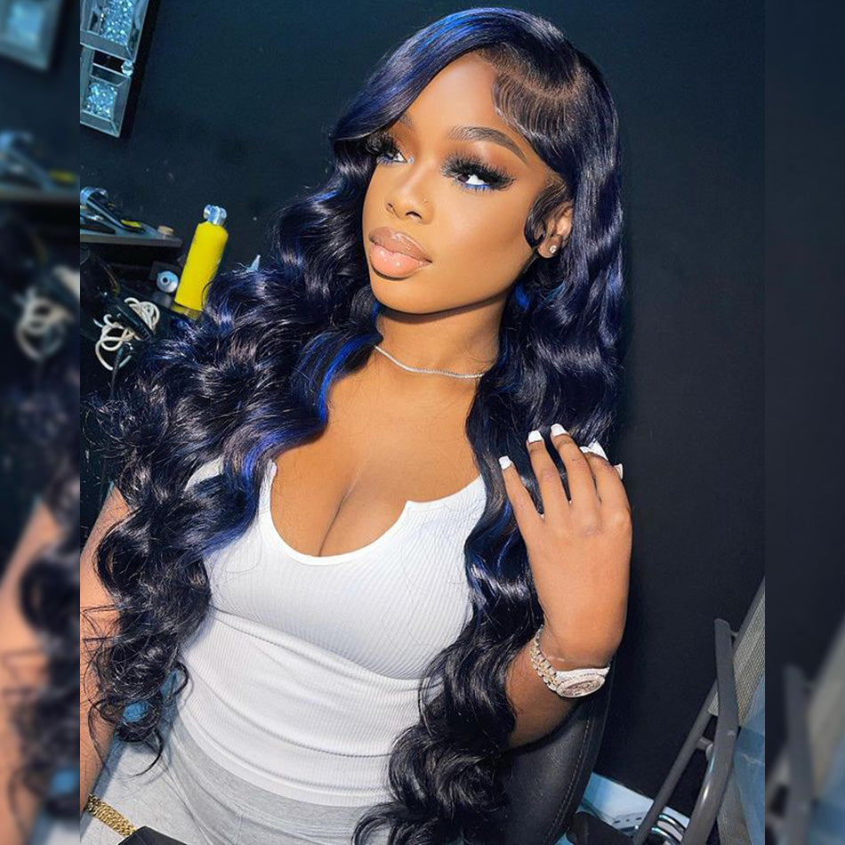 Hightlight Black With Blue 5x5 Glueless Lace Closure Ready To Go Wig  13x6 Lace Front Human Hair Wig