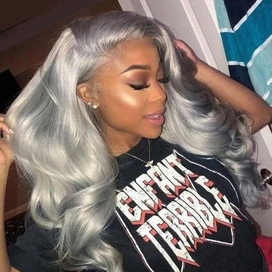 210% Density Transparent 13x6 Lace Frontal Wig Brazilian Body Wave Pre Plucked Silver Gray Lace Front Colored Human Hair Wigs
