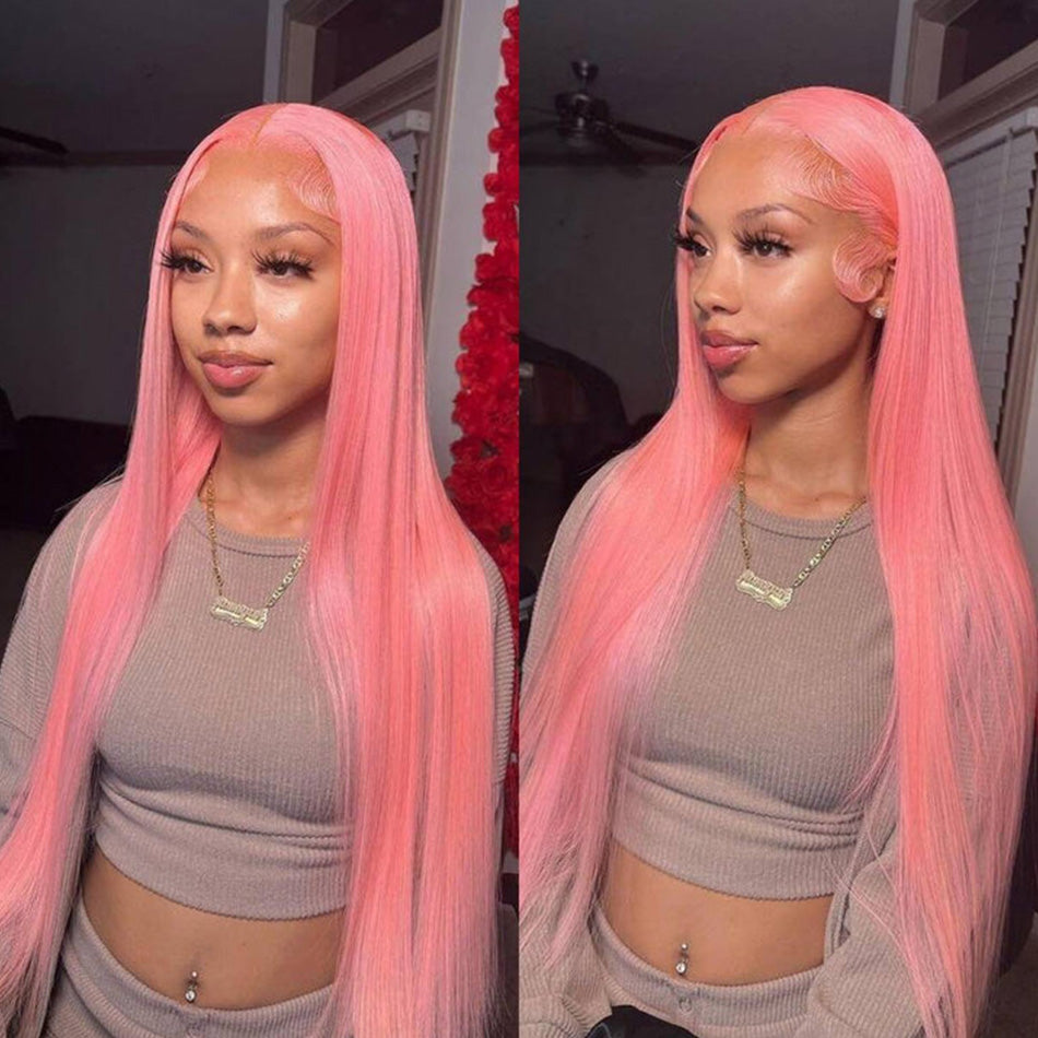 210% Density Customized Colored Pink Wigs Human Hair Pre Plucked HD Transparent 13x6 Brazilian Straight Lace Front Wigs