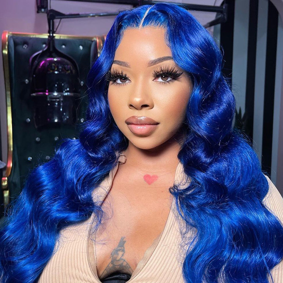 210% Density Klein Blue Colored 13x6 HD Transparent Lace Front Human Hair Wigs