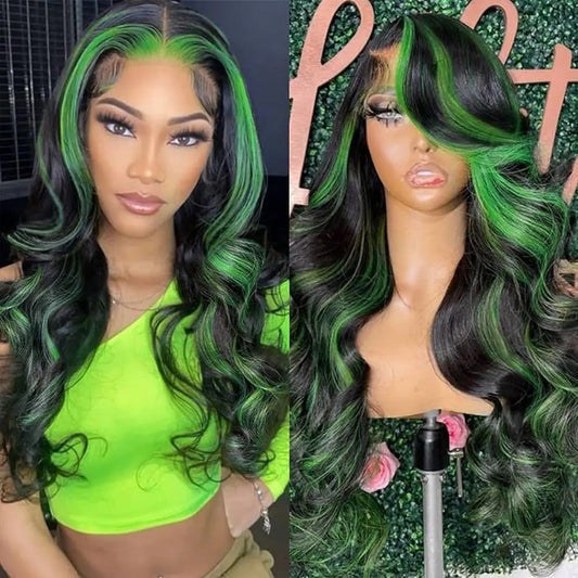 Highlight Black With Green 13x6 Lace Closure Front Wig 5x5 Glueless Ready To Go Human Hair Wigs Body Wave