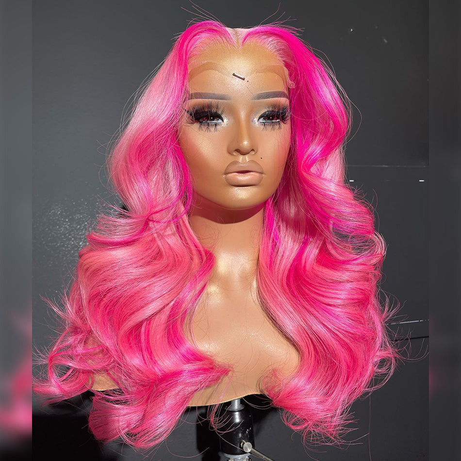 Customized Highlight Pink With Rose Red Colored 13x6 Lace Front Human Hair Wigs