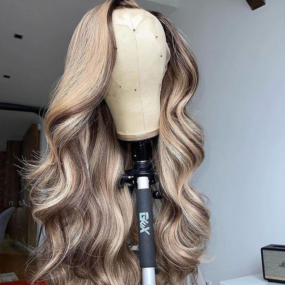 Customized Ombre Highlight Blonde With Brown Colored HD Transparent 13x6 Lace Front Human Hair Wigs