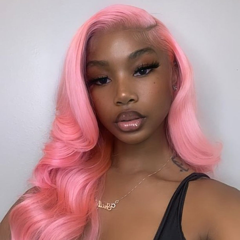 210% Density Customized Colored Pink Wigs Human Hair HD Transparent 13x6 Lace Front Wigs Brazilian Body Wave