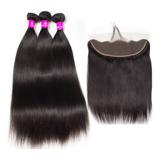 10A Straight Human Hair 3 Bundles With 13x4 Full Frontal Lace 100% Remy Human Hair