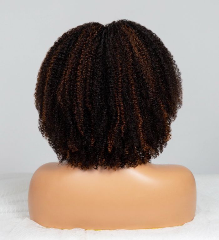 Natural Curly Highlight Brown Colored Seamless V-Part Wig