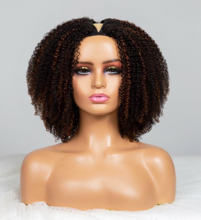 Natural Curly Highlight Brown Colored Seamless V-Part Wig