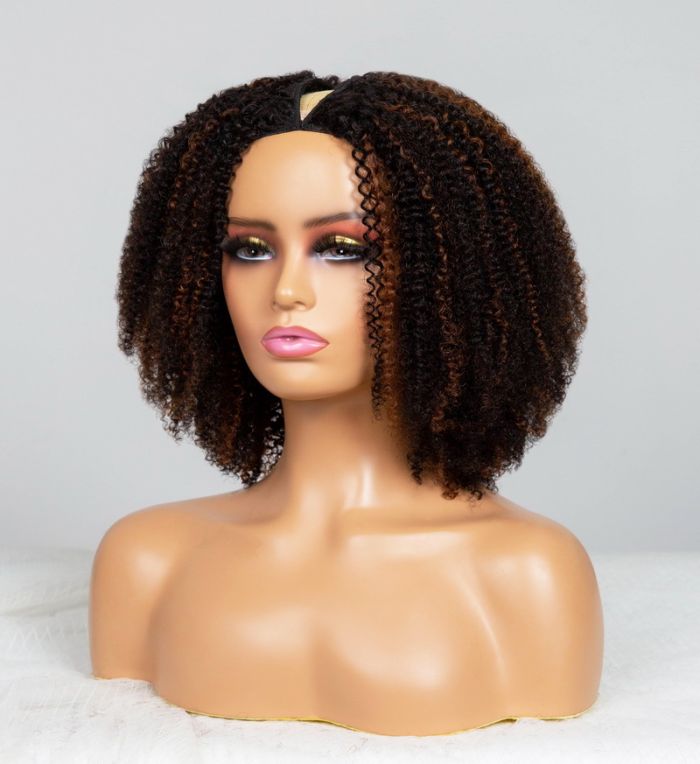 Natural Curly Highlight Brown Colored Seamless V-Part Wig