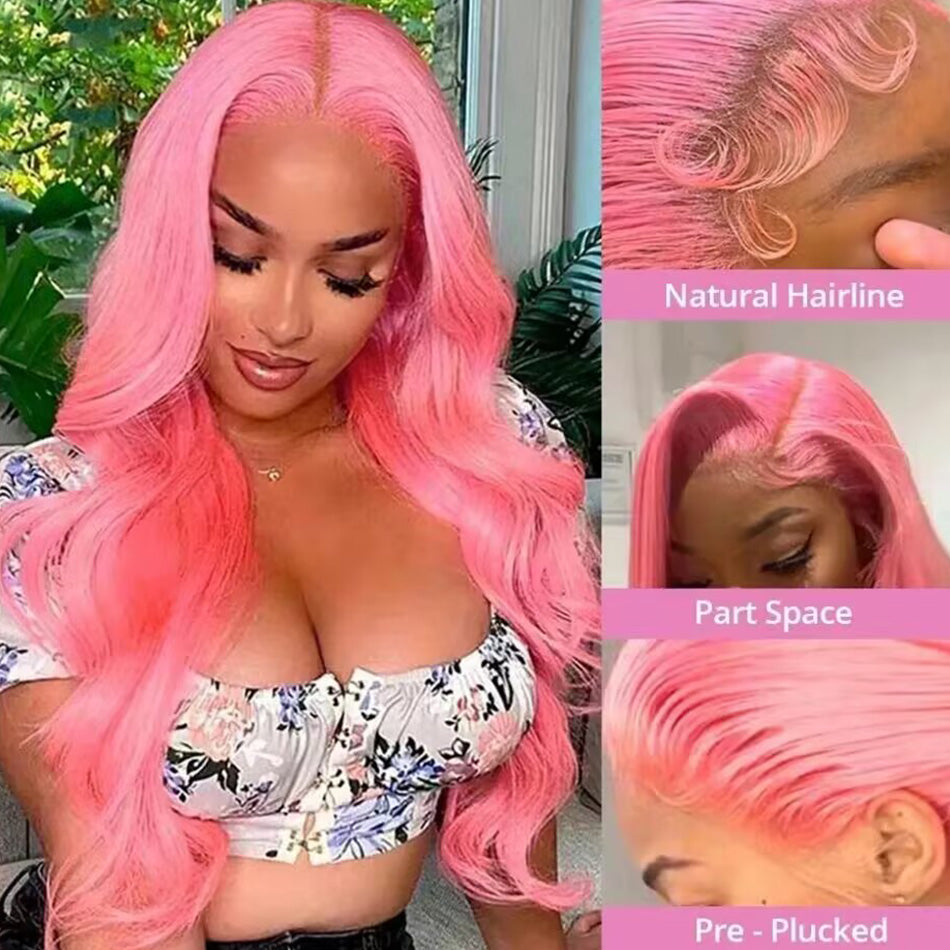210% Density Customized Colored Pink Wigs Human Hair HD Transparent 13x6 Lace Front Wigs Brazilian Body Wave