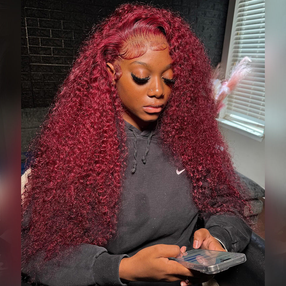 Premium 10A 210% Density Reddish Burgundy Colored 13x6 Lace Front Closure Curly 6x5 Glueless Ready To Go Human Hair Wigs