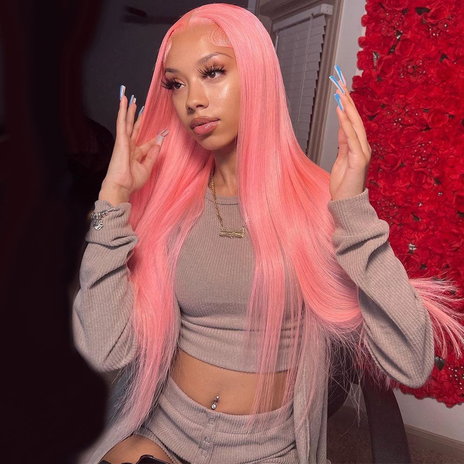 210% Density Customized Colored Pink Wigs Human Hair Pre Plucked HD Transparent 13x6 Brazilian Straight Lace Front Wigs