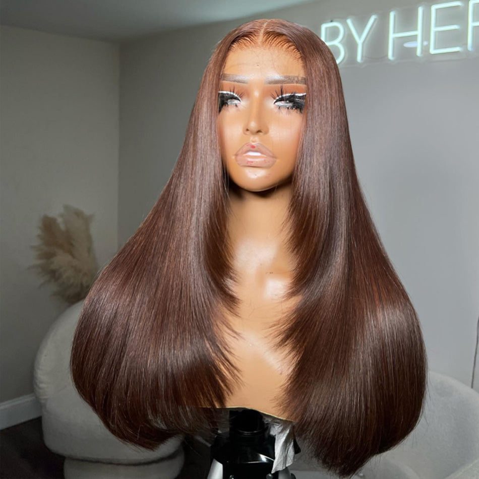 Hairstyle Works Layer Cut Chocolate Brown Colored 13x6 Lace Front Wig 6x5 Ready To Go Human Hair Wigs