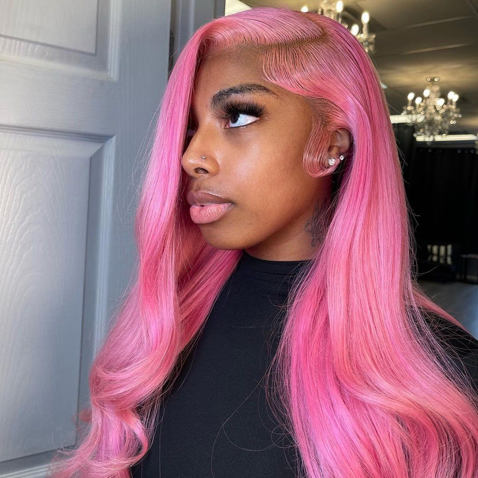 210% Density Special Customized Rose Pink Colored HD Transparent 13x6 Lace Front Human Hair Wigs