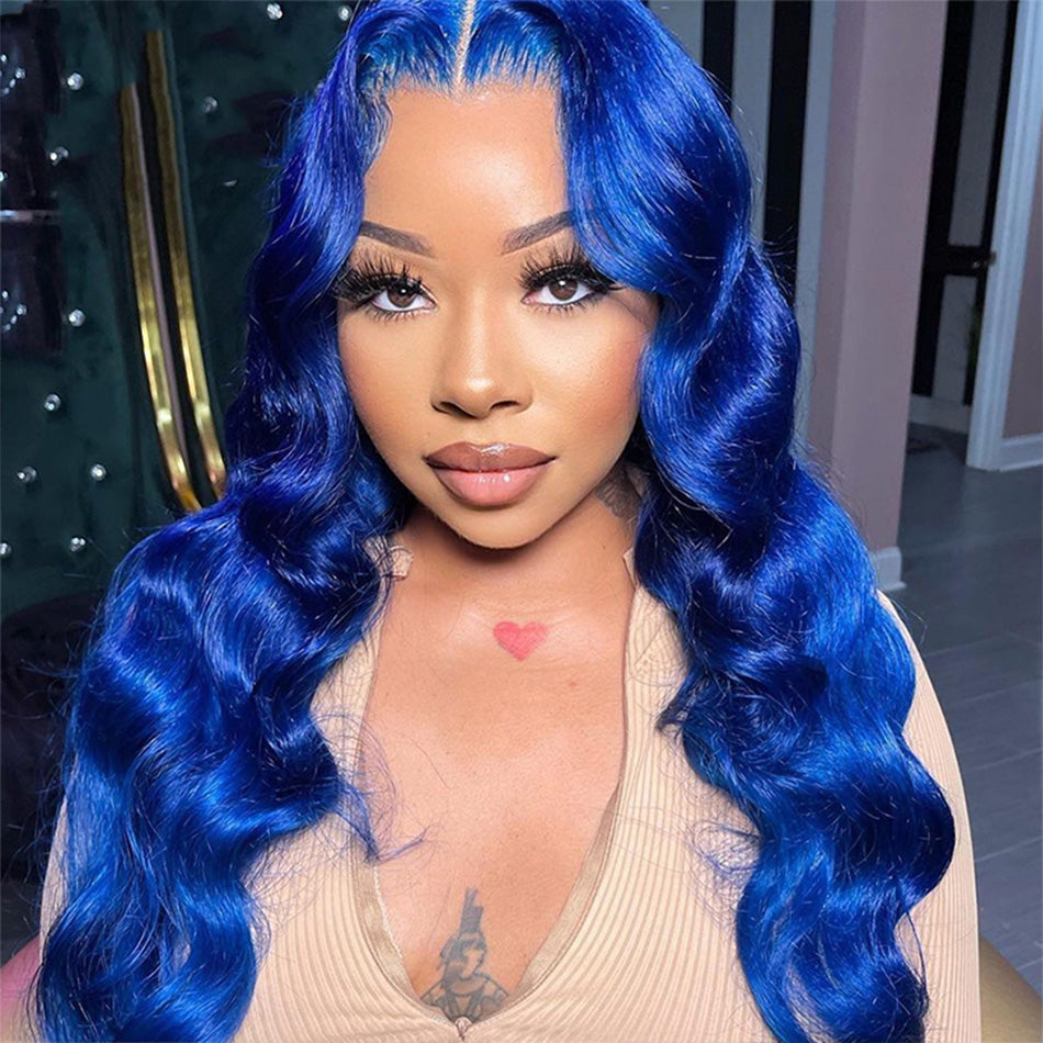 210% Density Klein Blue Colored 13x6 HD Transparent Lace Front Human Hair Wigs