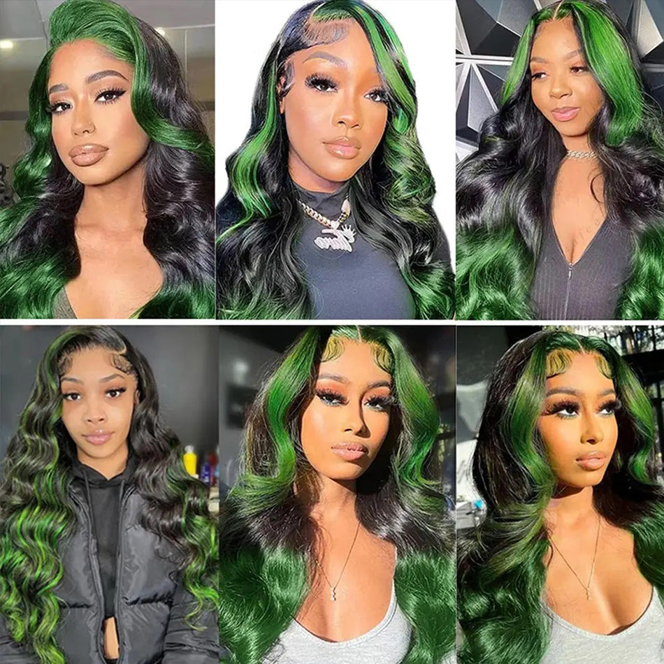 Highlight Black With Green 13x6 Lace Closure Front Wig 5x5 Glueless Ready To Go Human Hair Wigs Body Wave