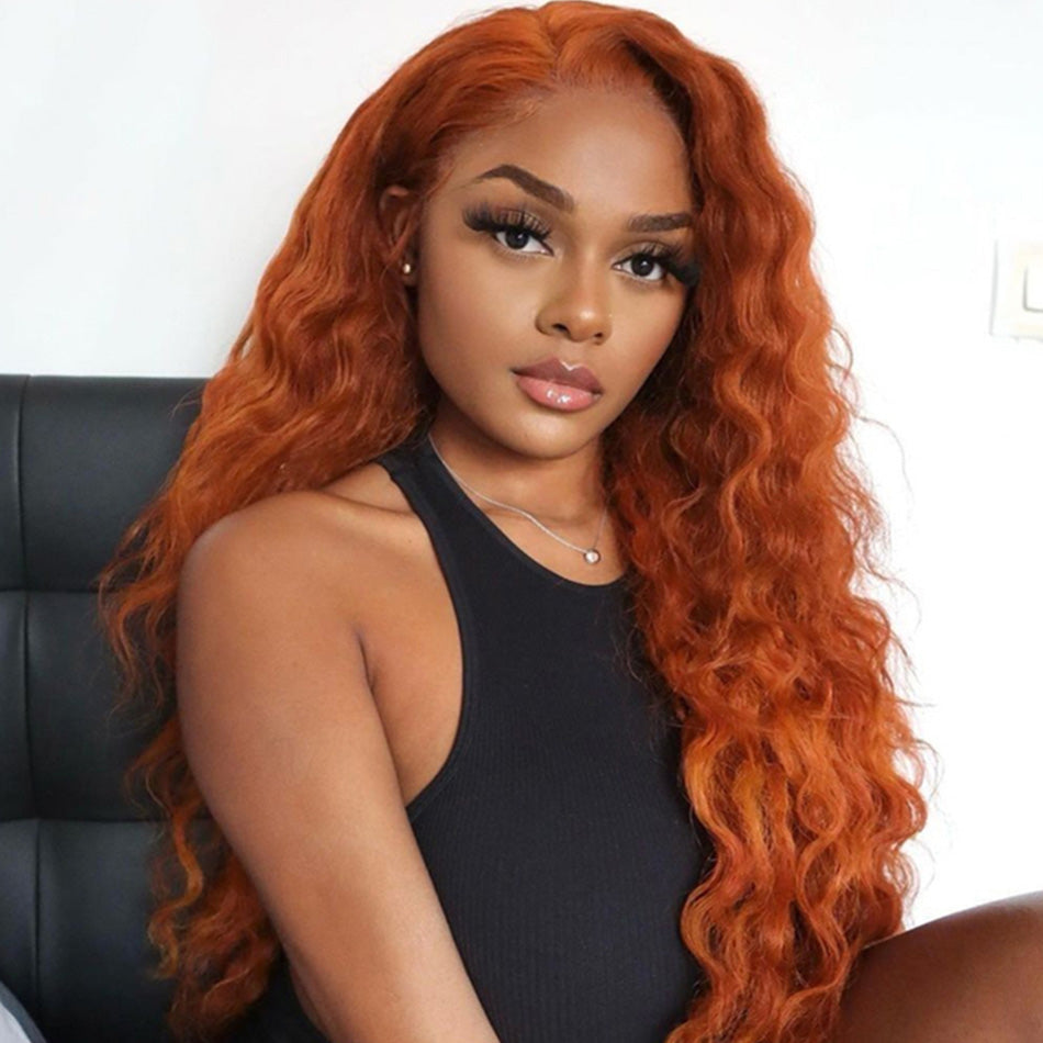 Ginger Orange Colored 13x6 Lace Front Closure Wig 5x5 Ready To Go Water Wave Human Hair Wig