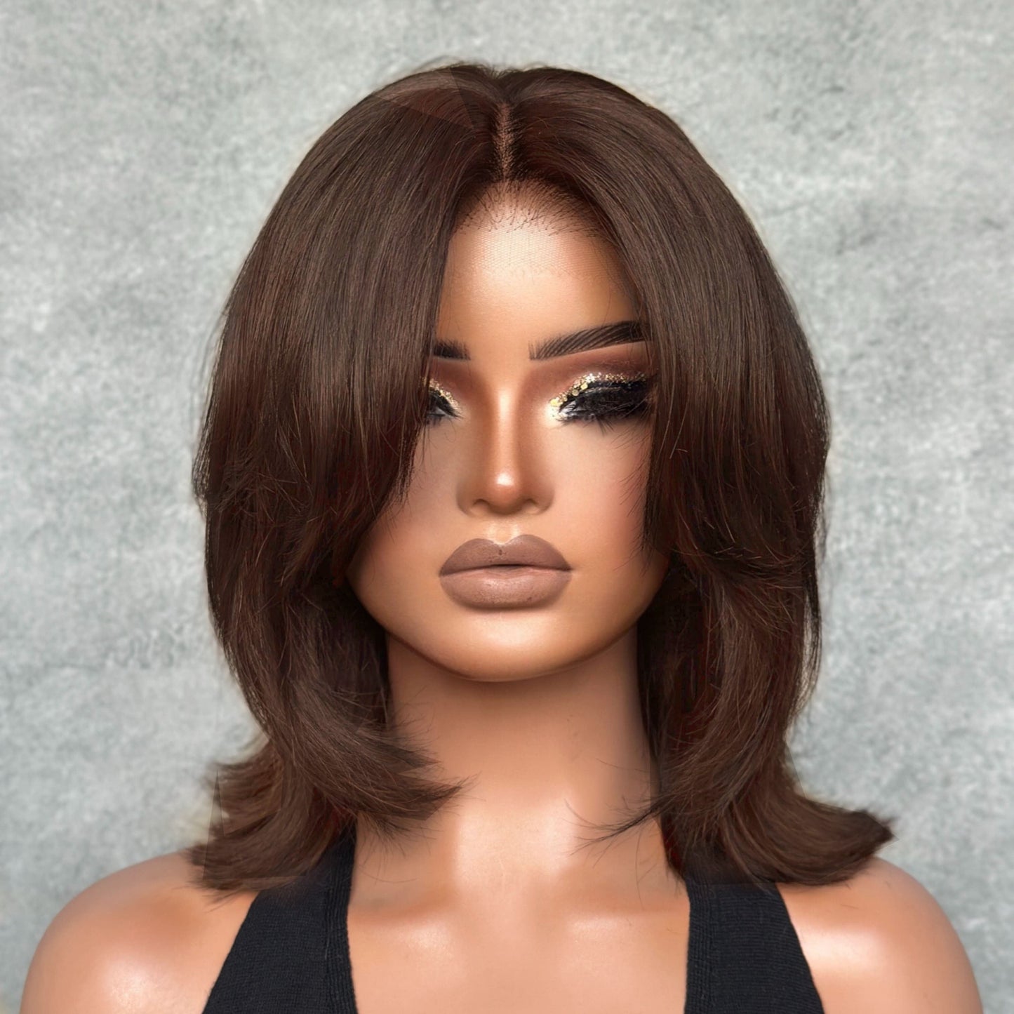 Face-Framing Sleek Swoop Bangs Layered Bob 6x5 Glueless Lace Human Hair Wig-002