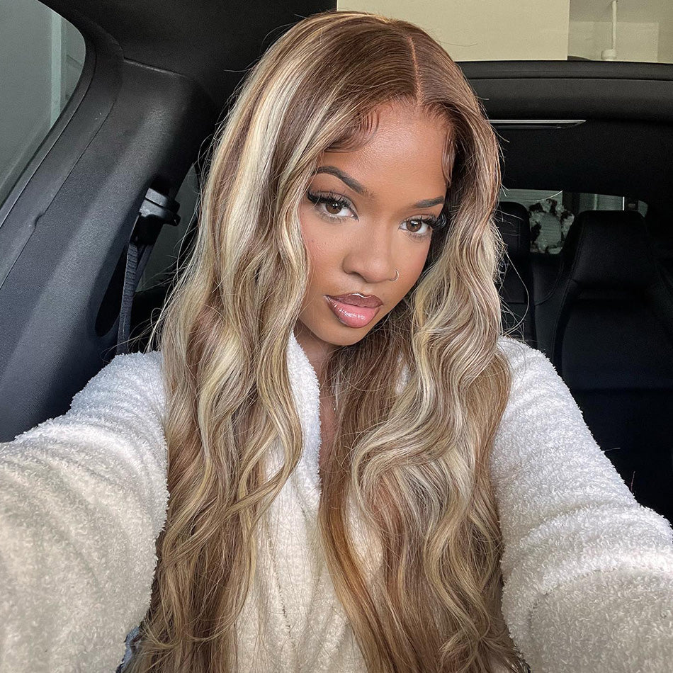 Customized Ombre Highlight Blonde With Brown Colored HD Transparent 13x6 Lace Front Human Hair Wigs