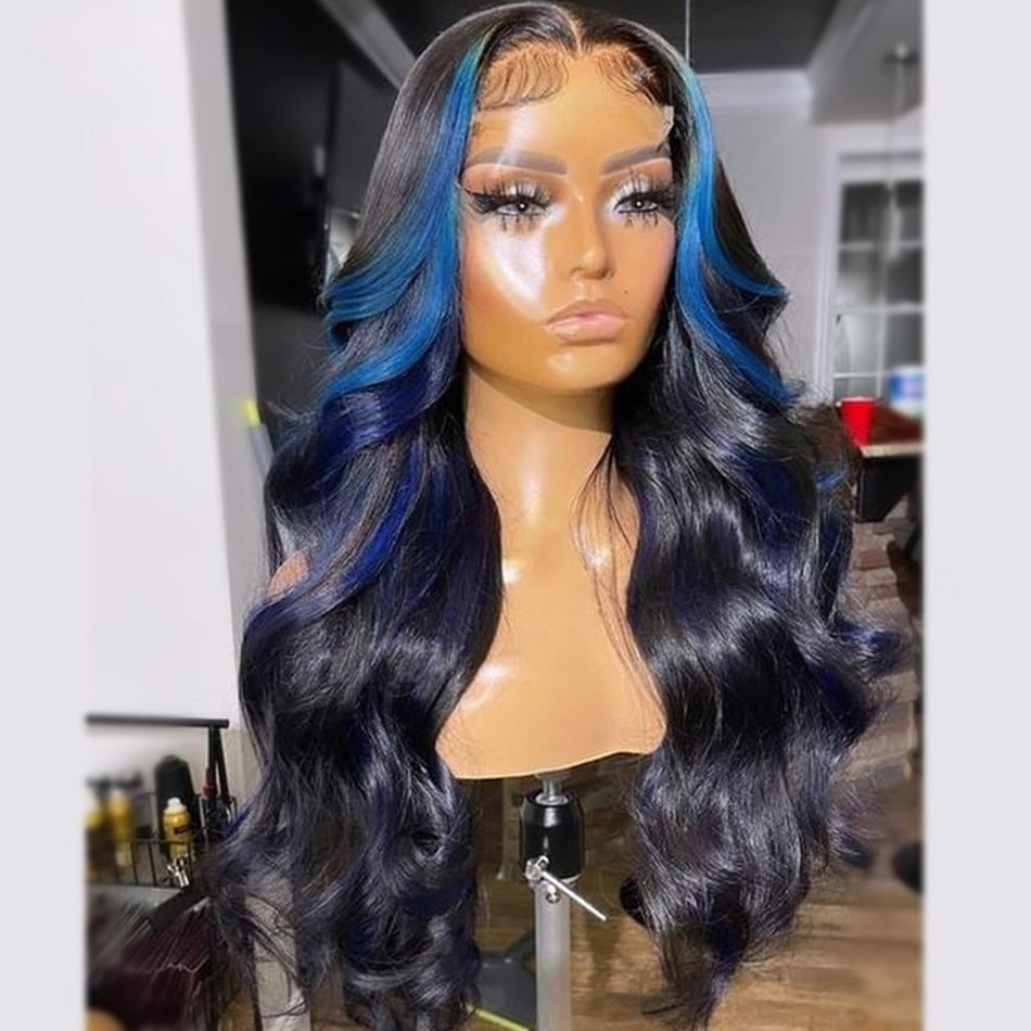 Hightlight Black With Blue 5x5 Glueless Lace Closure Ready To Go Wig  13x6 Lace Front Human Hair Wig