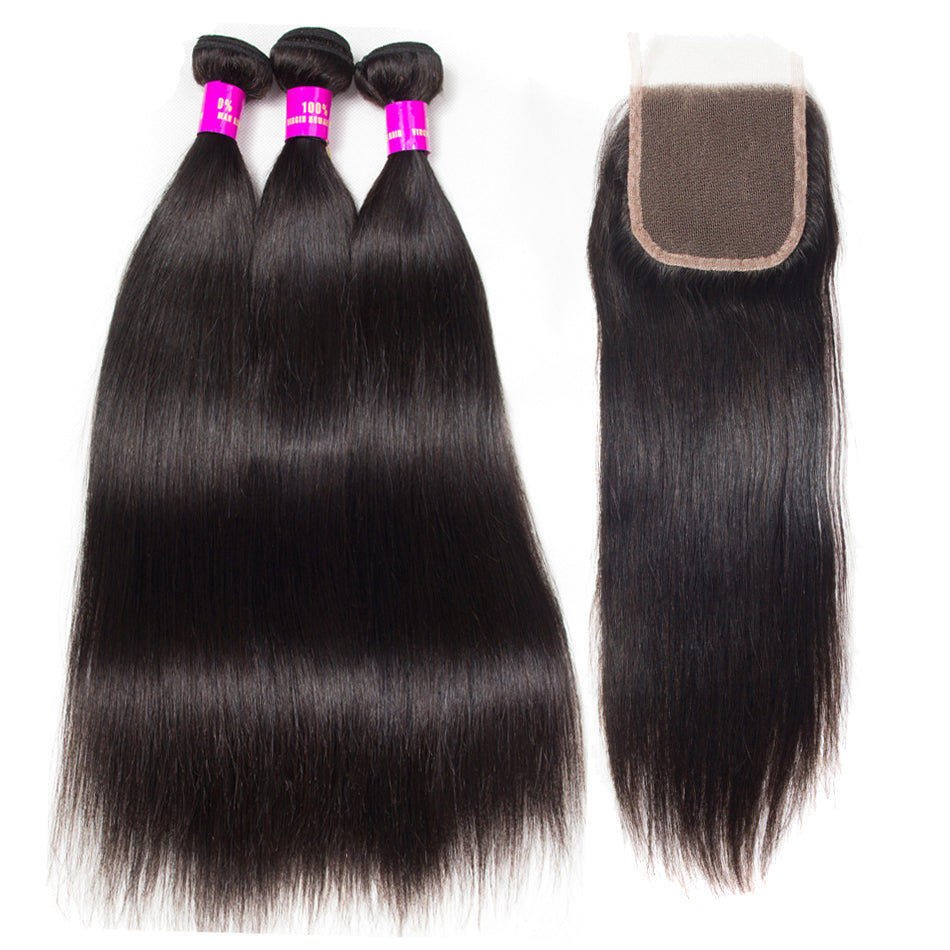 10A Straight Human Hair 3 Bundles With 5x5 Closure 100% Remy Human Hair