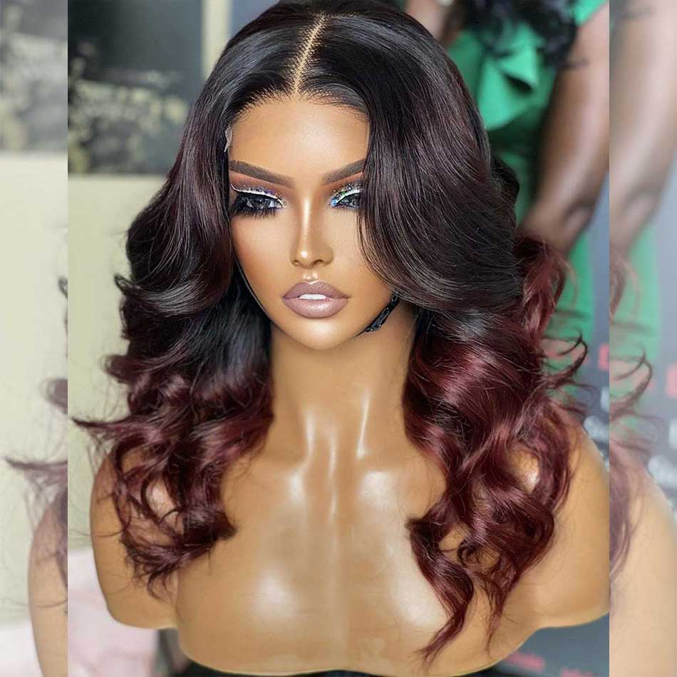 Perfect Woking Wig  Double Drawn Shoulder Length Short Wigs 1B/ 99J Half Black Half Wine Red Wig