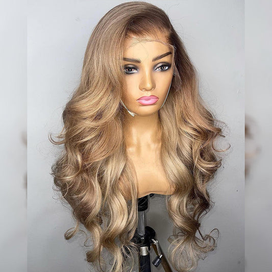 250% Density Professional Toned Brown Roots Milk Tea Blonde Colored 13x6 Transparent HD Lace Front Human Hair Wig