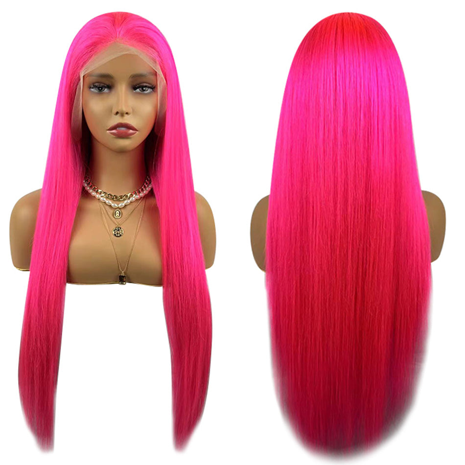 Special Customized Rose Red Colored HD Transparent 13x6 Lace Front Human Hair Wigs