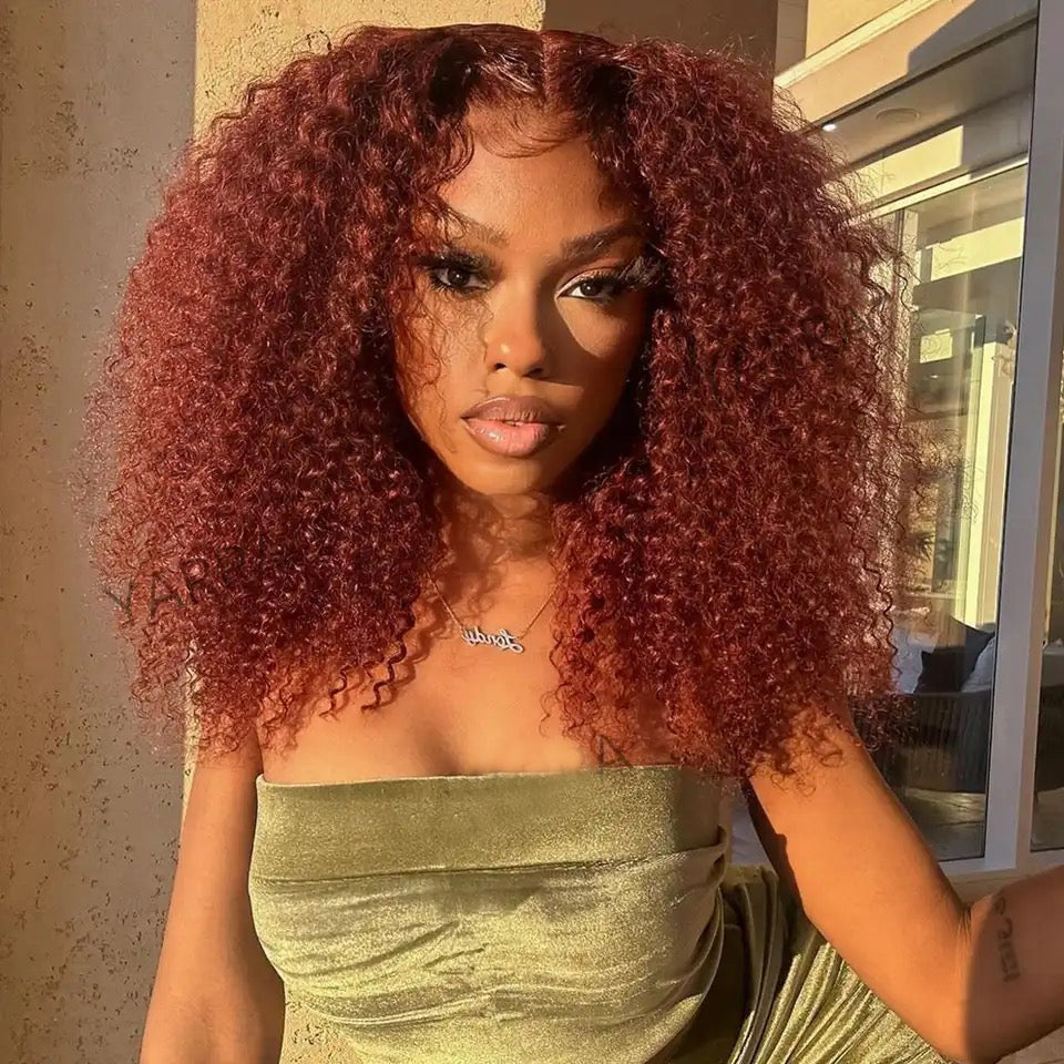 13x6 Transparent Lace Front 5x5 Glueless Curly Human Hair Wigs 33# Auburn Reddish Brown Colored Wigs