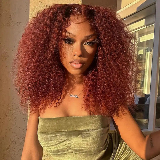 13x6 Transparent Lace Front 5x5 Glueless Curly Human Hair Wigs 33# Auburn Reddish Brown Colored Wigs