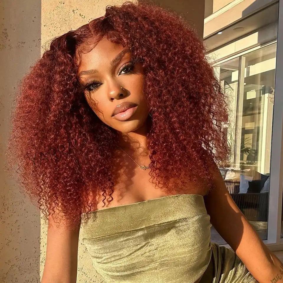 13x6 Transparent Lace Front 5x5 Glueless Curly Human Hair Wigs 33# Auburn Reddish Brown Colored Wigs