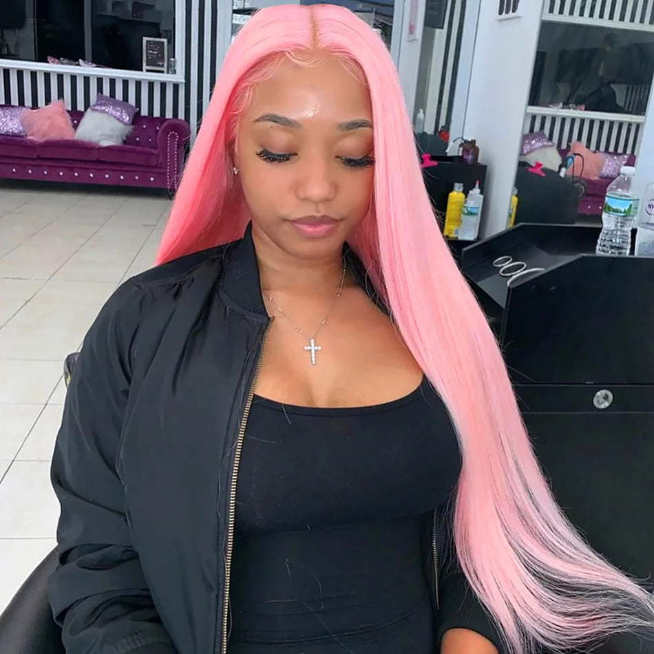 210% Density Customized Colored Pink Wigs Human Hair Pre Plucked HD Transparent 13x6 Brazilian Straight Lace Front Wigs