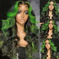 Highlight Black With Green 13x6 Lace Closure Front Wig 5x5 Glueless Ready To Go Human Hair Wigs Body Wave
