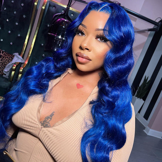 210% Density Klein Blue Colored 13x6 HD Transparent Lace Front Human Hair Wigs