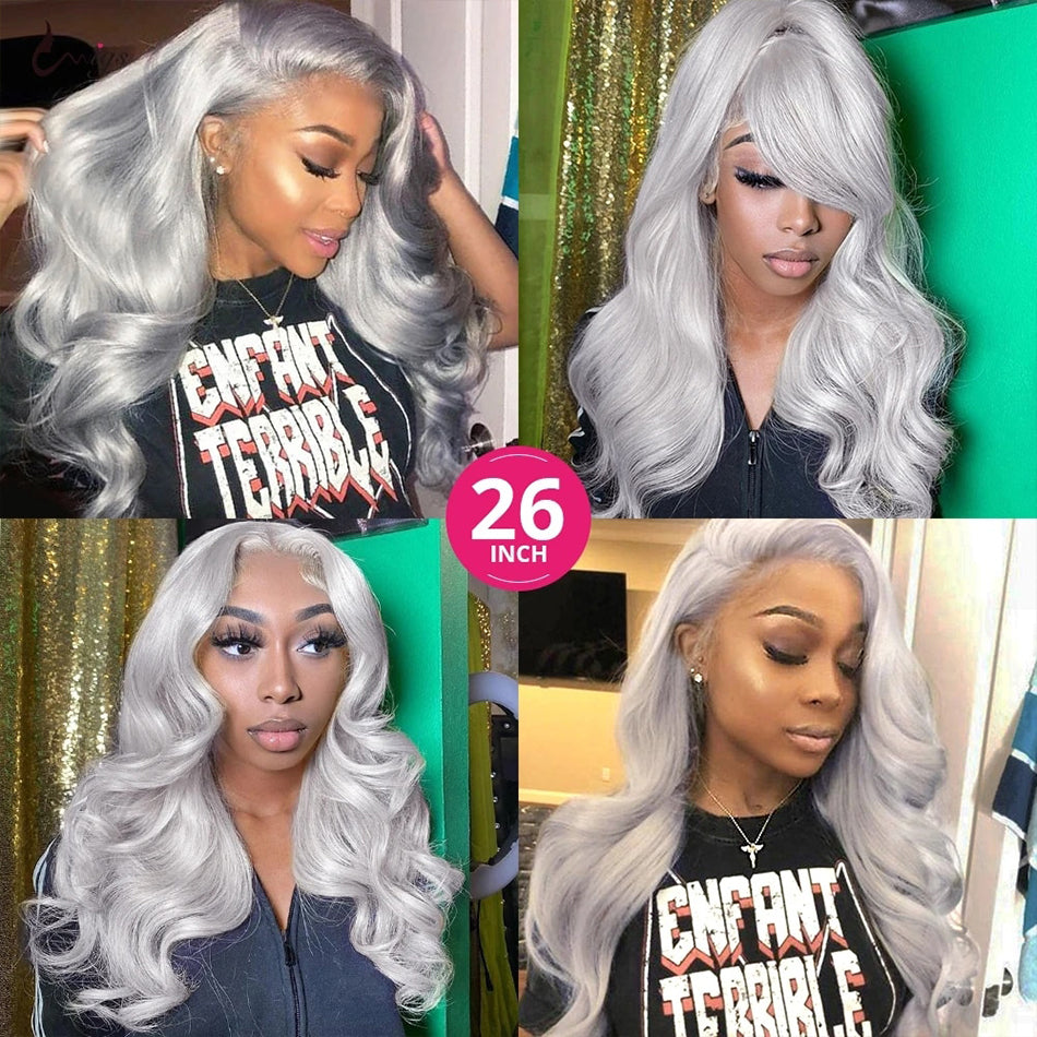210% Density Transparent 13x6 Lace Frontal Wig Brazilian Body Wave Pre Plucked Silver Gray Lace Front Colored Human Hair Wigs