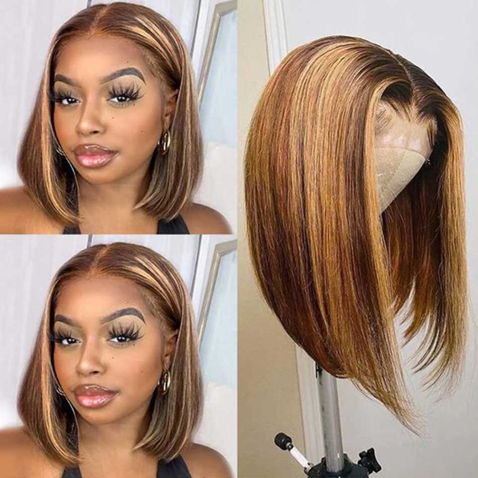 Highlight Colored Short Bob 5x5 Wear And Go Glueless Lace Wig Straight 13x6 Lace Front Human Hair Wigs 210% Density