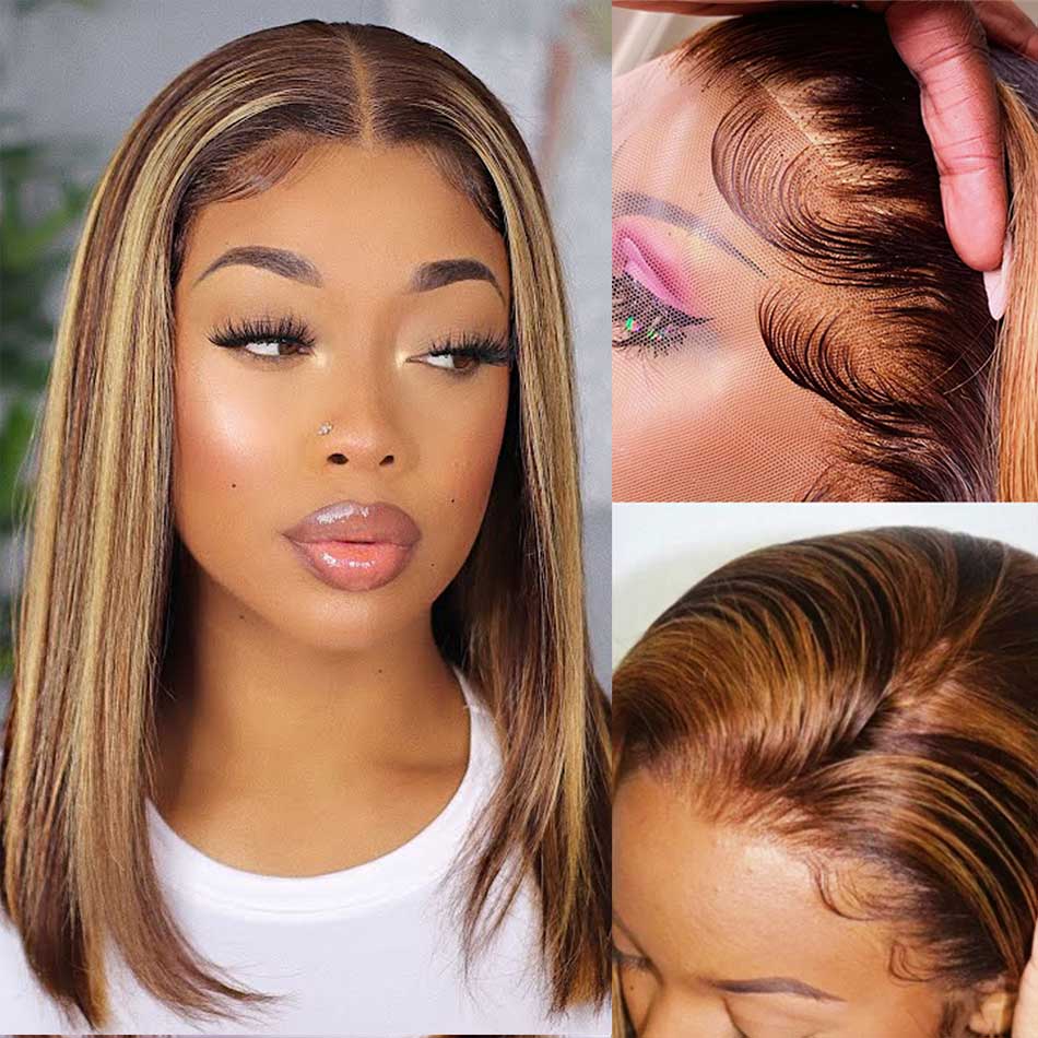 Highlight Colored Short Bob 5x5 Wear And Go Glueless Lace Wig Straight 13x6 Lace Front Human Hair Wigs 210% Density