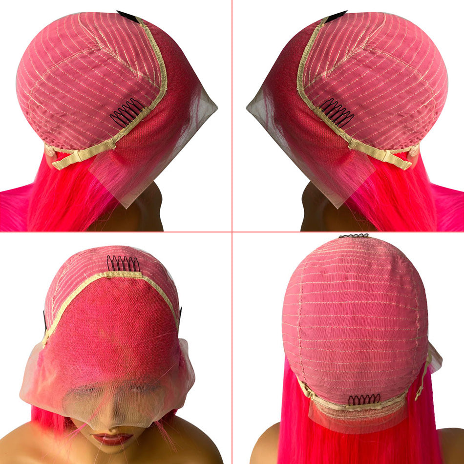 Special Customized Rose Red Colored HD Transparent 13x6 Lace Front Human Hair Wigs